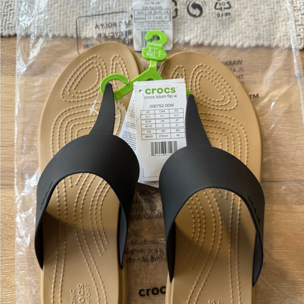 Crocs Tulum Black Tan Flip Flops